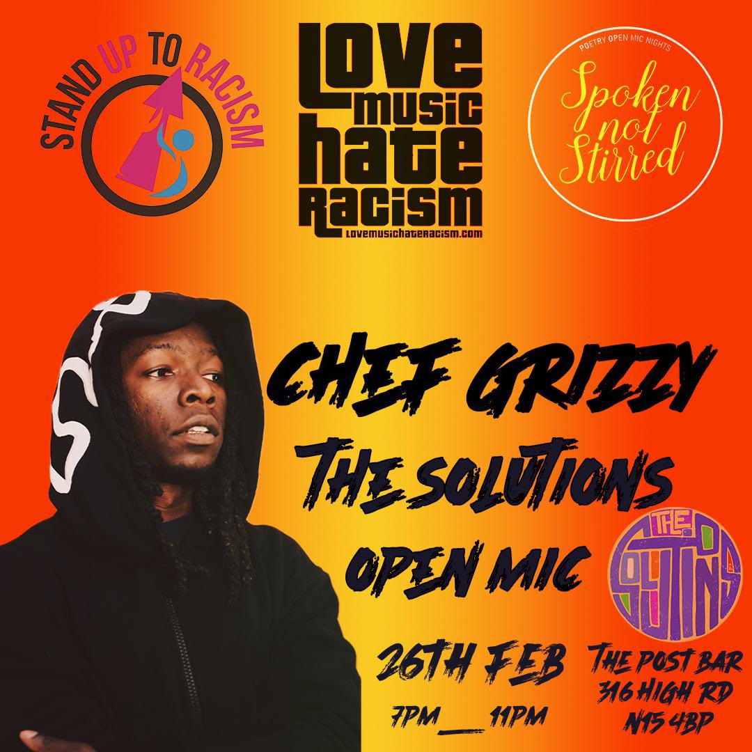 🎷🎹 Haringey Love Music Hate Racism - Spoken Not Stirred - Chef Grizzy, The Solutions, Open Mic — Wednesday 26 Feb, The Post, 316 Tottenham High Rd N15 4BP All welcome 7-11pm
🎤🎟️Tickets: eventbrite.com/e/spoken-not-s…
<a href="/AntiRacismDay/">Stand Up To Racism</a> <a href="/lmhrnational/">LoveMusic HateRacism</a> <a href="/HaringeyCP/">Haringey Community Press</a> <a href="/Mrsols/">SOLS AVENUE OUT NOW</a>