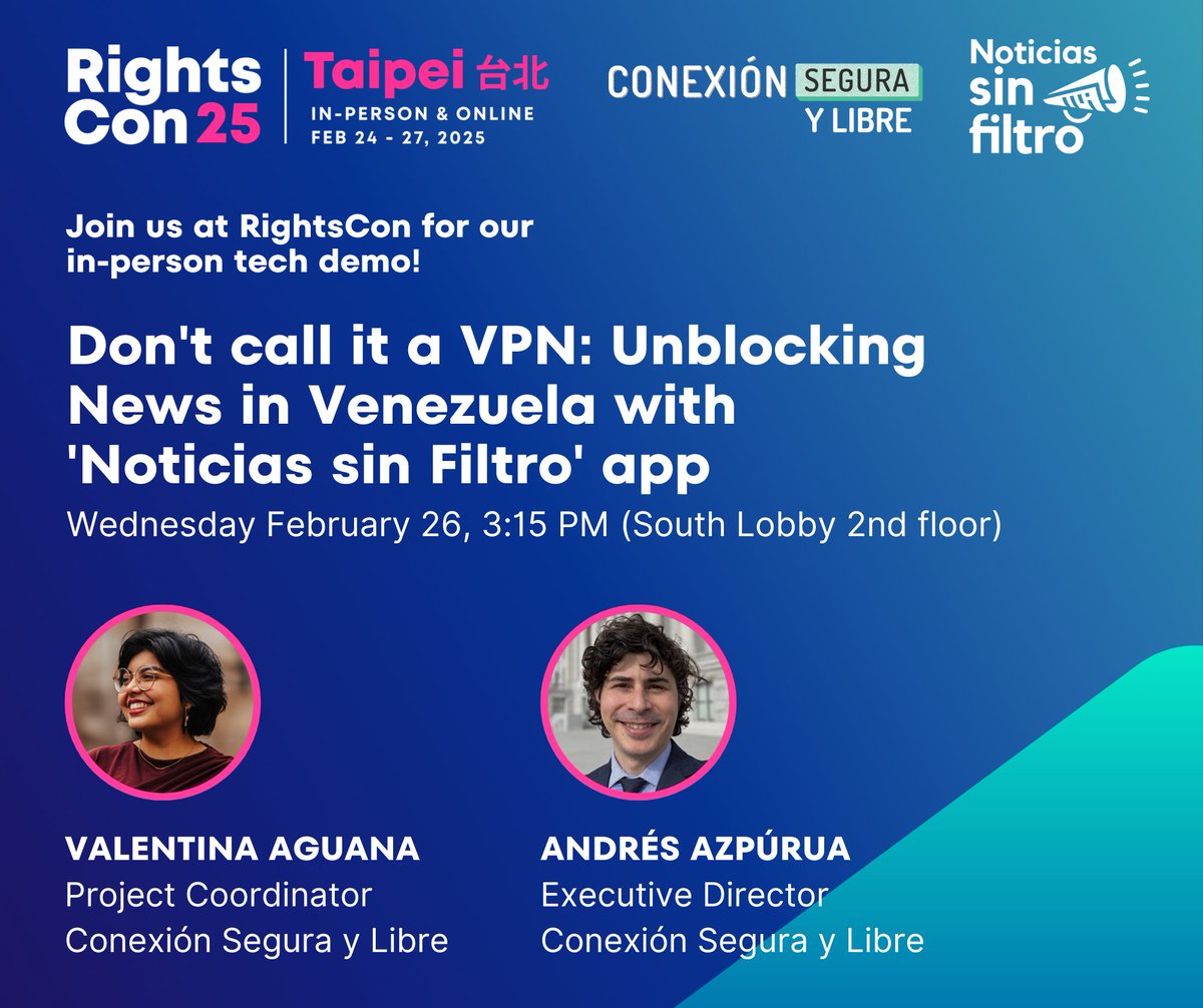 conexionsegura's tweet image. 📢 ¡Nos emociona ser parte de #RightsCon2025!

Hablaremos sobre cómo leer noticias sin censura con @NotiSinFiltroVe y el estado de los derechos digitales en nuestra región con @andresazp y @vallha11a

Nos vemos en Taipei 🇹🇼

🔗 rightscon.org