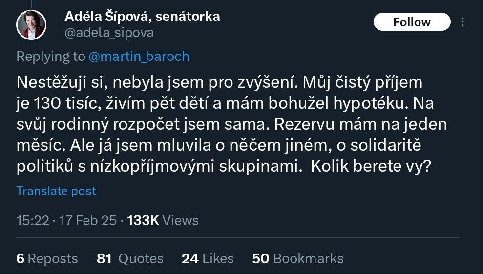 econcz's tweet photo. Adela Sipova Senatorka.
- prijem pres 130 000 / mesic (CISTEHO)
- plus rada "nahrad"
- financni rezerva na jeden mesic.

Boji se ze ji dojdou oenize kdyz nedostane pridano.
Tolik k financni gramotnosti (politiku) v CR.
Ted si predstavte ze podobni lide: Tvori a schvaluji rozpocet https://t.co/HgvWZxBNbk