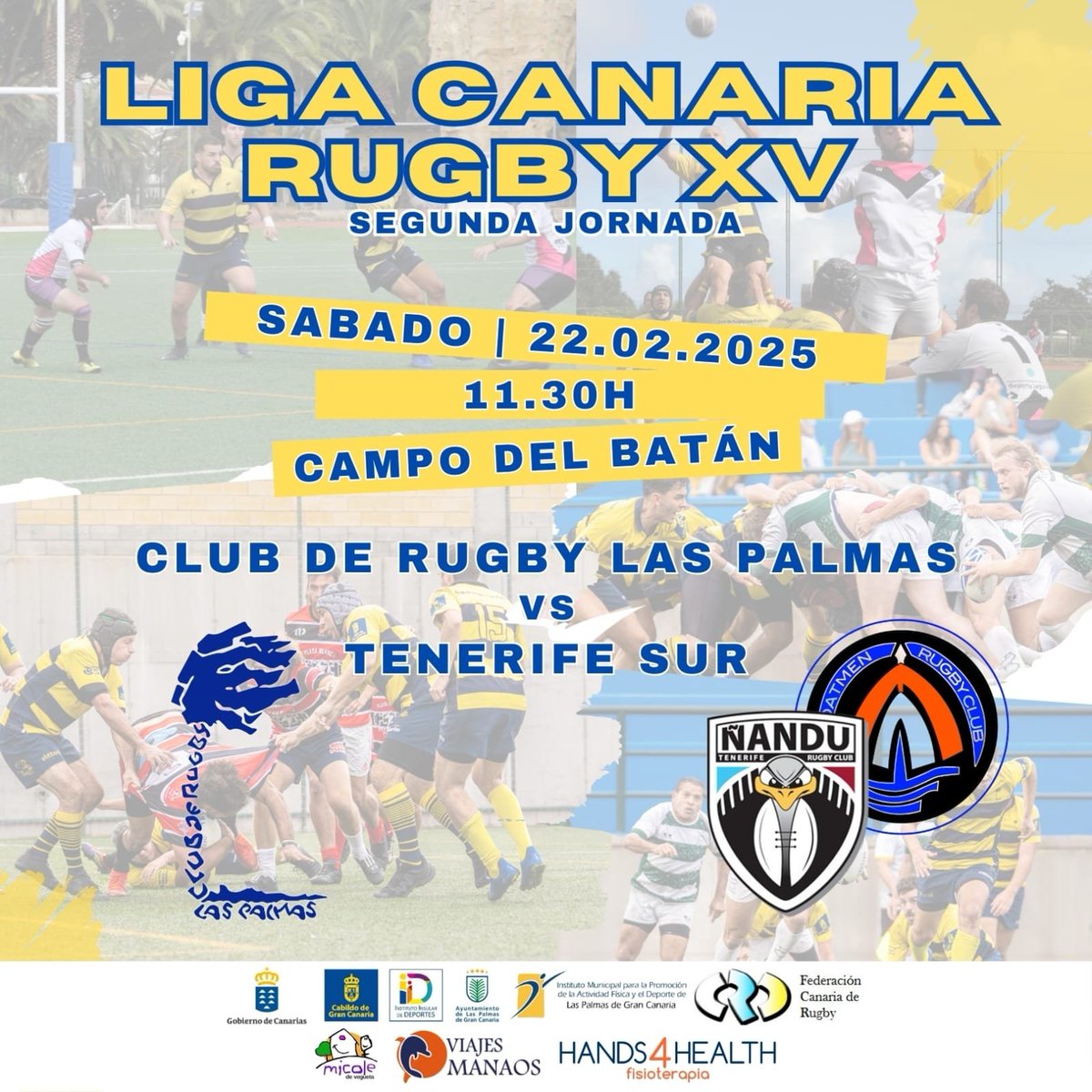 Jornada 2 Liga Canarias Rugby XV 🏉🇮🇨

🗓️ Sábado 22/02/2025
🕚 11.30h
📍 Campo del Batán
#SeniorCRLP vs Ñandu&amp;Boatmen
Te esperamos!

#rugby #rugbycanarias #rugbyespaña #rugbycanario #rugbyxv #micoledevegueta #viajesmanaos #hands4healthfisioterapia