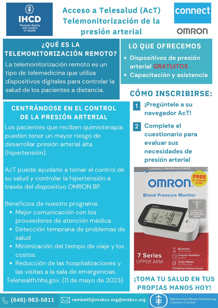 MSKCC Immigrant Health & Cancer Disparities Center (@mskihcd) on Twitter photo <a href="/mskihcd/">MSKCC Immigrant Health & Cancer Disparities Center</a>'s Access to Telehealth (AcT) project is actively assisting patients in NYC with breast cancer and hypertension take charge of their own health with digital blood pressure monitors and navigation. Reach out to us for any additional questions/if you’d like to refer anyone! <a href="/mskihcd/">MSKCC Immigrant Health & Cancer Disparities Center</a>'s Access to Telehealth (AcT) project is actively assisting patients in NYC with breast cancer and hypertension take charge of their own health with digital blood pressure monitors and navigation. Reach out to us for any additional questions/if you’d like to refer anyone!