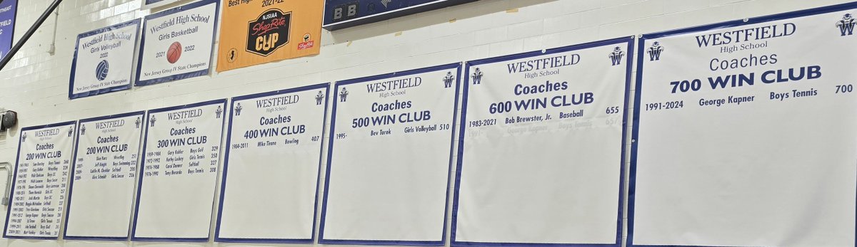 Super Shout-Out to Westfield HS School who made
the decision to recognize all their successful coaches
Gym Banners....love the individual shout out of thes giant row of banners (by total wins) along one end of the gym (current &amp; retired coaches)

So hard to be a coach....so hard