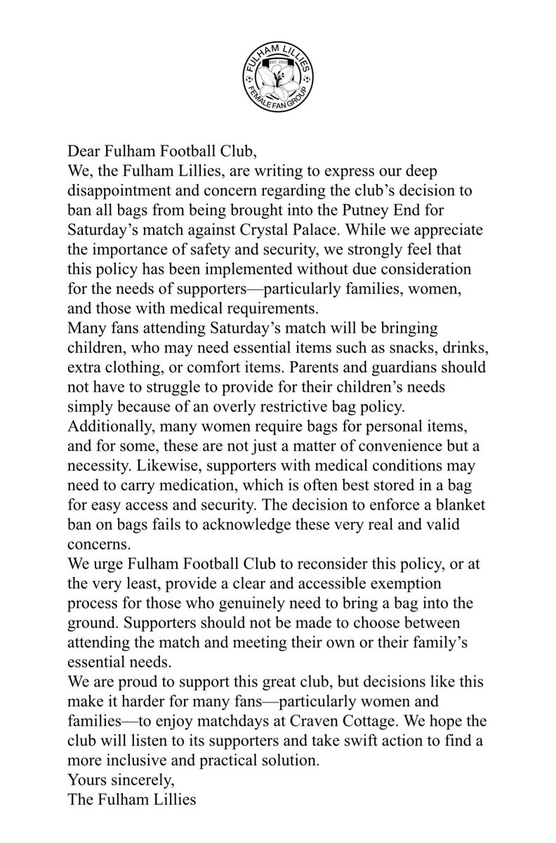 We have sent this letter to the Club in the hope that they will reconsider the bag policy for Saturday’s match against Crystal Palace.