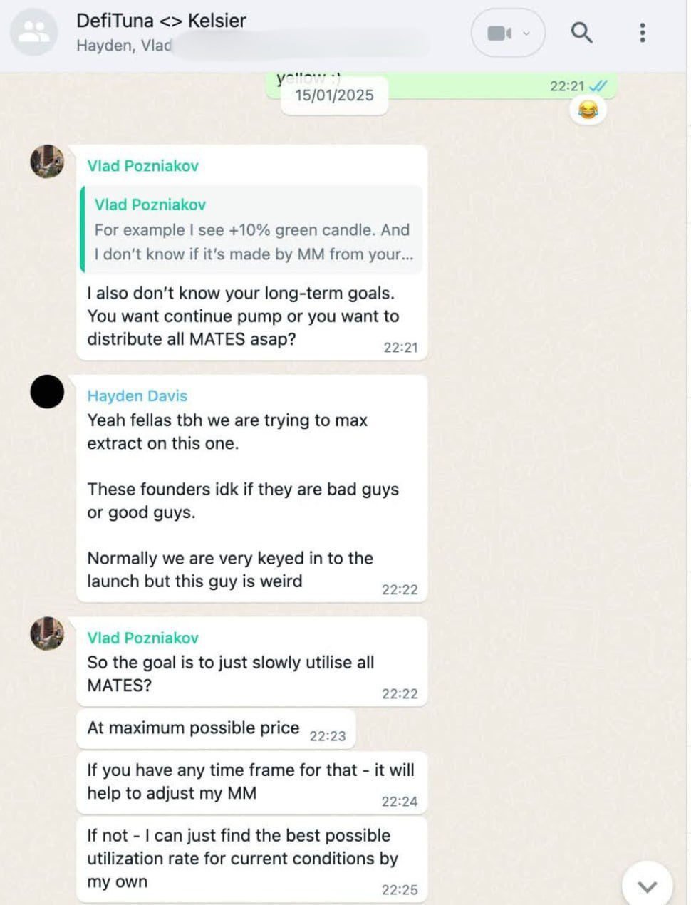 Screenshot of Hayden Davis' conversation about extracting liquidity from a token launch
