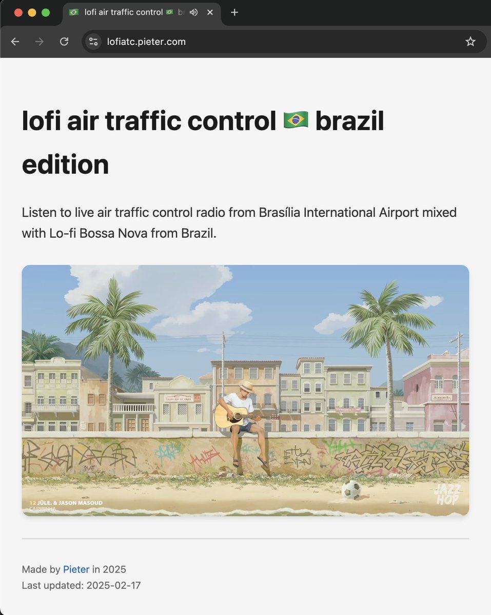 Made a new mini project:

🇧🇷 lofi air traffic control: brazil edition 
@ lofiatc.pieter.com

I saw lofiatc . com is down now, so wanted to try build my own

It mixes Lo-Fi Bossa Nova with Brasilia's live air traffic control radio feed

Maybe even better than English ATC