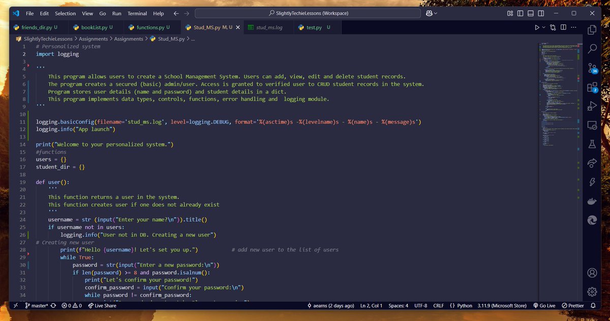 bblacksages's tweet image. Day 7🚀 #100DaysofCode / #1000DaysofCode
Updated Student MS file. Added functions for code reusability and organization, and loggers to help debug/monitor performance as recommended by @0xEbaf. Loved it. Still learning. See code snippets @stechie_school @kwesi_dadson @kryzbone