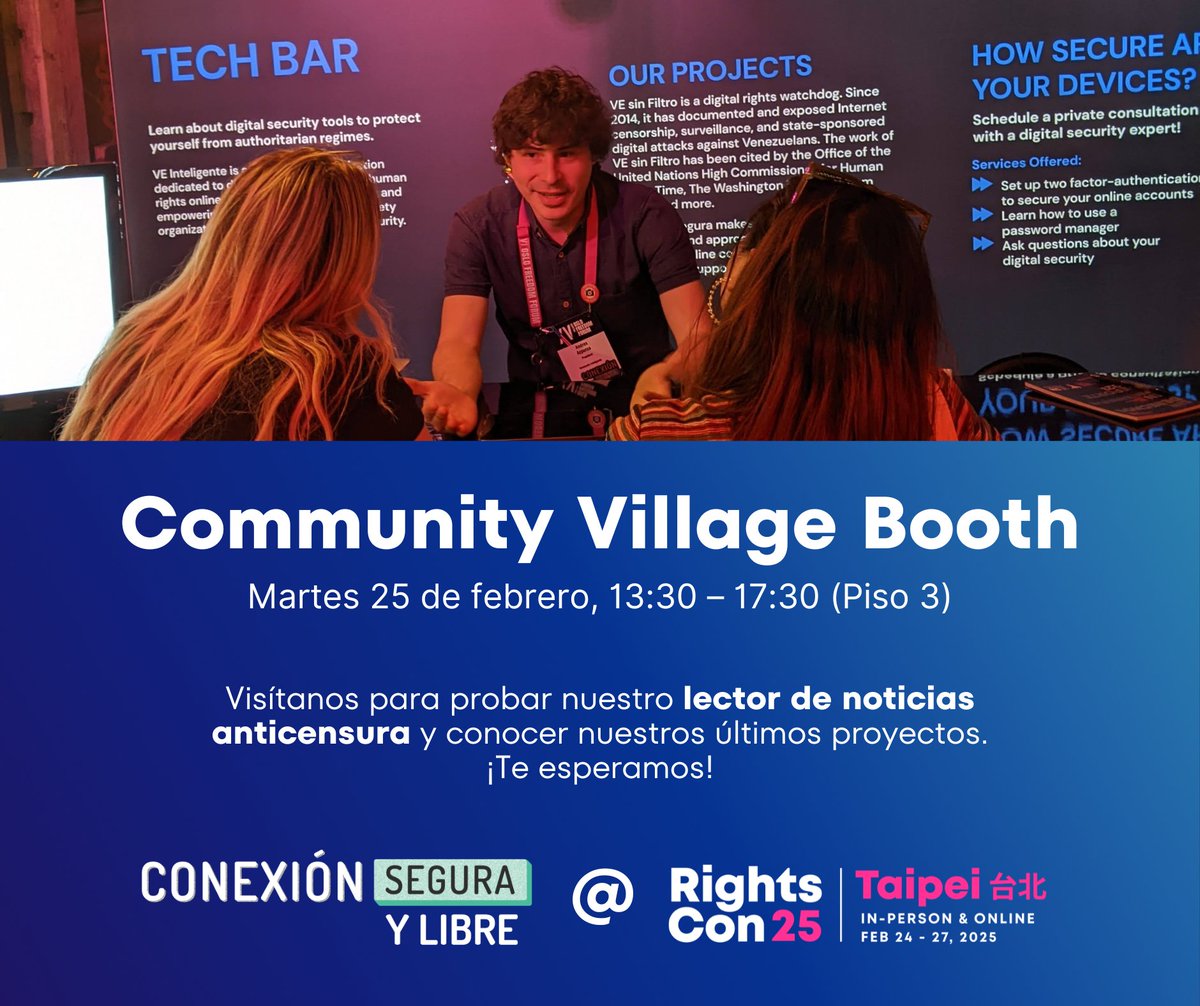 conexionsegura's tweet image. 📢 ¡Nos emociona ser parte de #RightsCon2025!

Hablaremos sobre cómo leer noticias sin censura con @NotiSinFiltroVe y el estado de los derechos digitales en nuestra región con @andresazp y @vallha11a

Nos vemos en Taipei 🇹🇼

🔗 rightscon.org