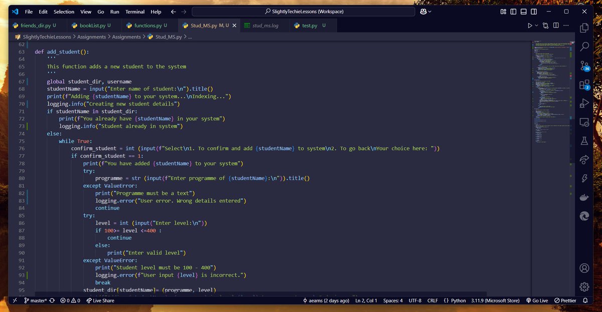 bblacksages's tweet image. Day 7🚀 #100DaysofCode / #1000DaysofCode
Updated Student MS file. Added functions for code reusability and organization, and loggers to help debug/monitor performance as recommended by @0xEbaf. Loved it. Still learning. See code snippets @stechie_school @kwesi_dadson @kryzbone
