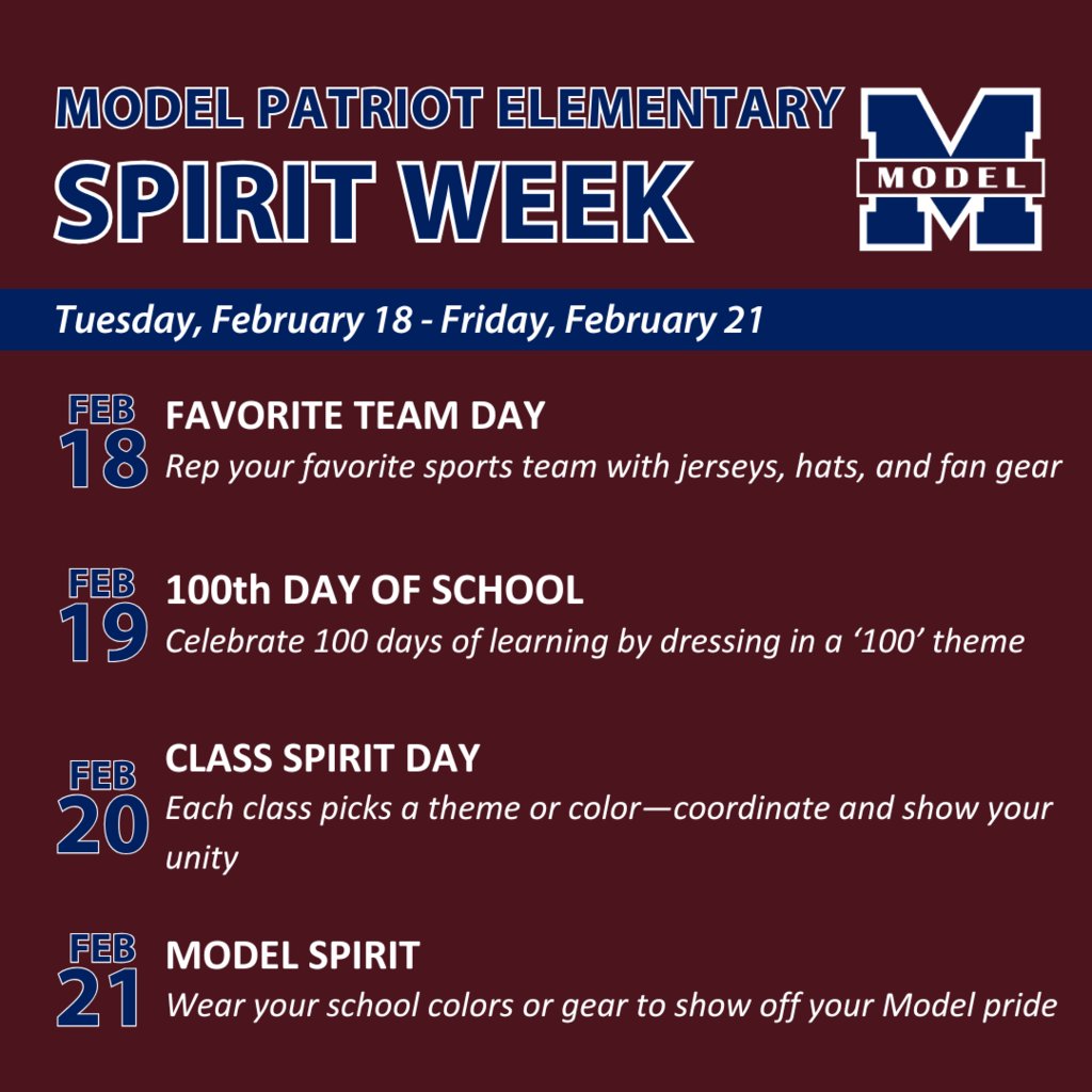 🎉✨ Get ready, Patriots—Spirit Week starts TOMORROW! ✨🎉 Model Secondary and Elementary students, it’s time to show off your school spirit with a week full of fun themes!