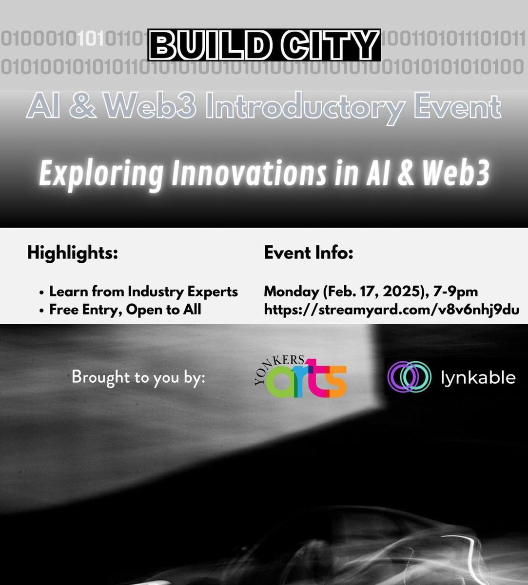 buildcity (@buidlcity) on Twitter photo We're hosting an AI & Web3 Introductory event with @lynkablemichael and <a href="/CityofYonkers/">cityofyonkers</a> at 7 PM EST today.
Come to see artists and developers speak about their work and ideas.
If your interested in the crossroads of art and tech, I wouldn't miss out on this one.
Sign up We're hosting an AI & Web3 Introductory event with @lynkablemichael and <a href="/CityofYonkers/">cityofyonkers</a> at 7 PM EST today.
Come to see artists and developers speak about their work and ideas.
If your interested in the crossroads of art and tech, I wouldn't miss out on this one.
Sign up