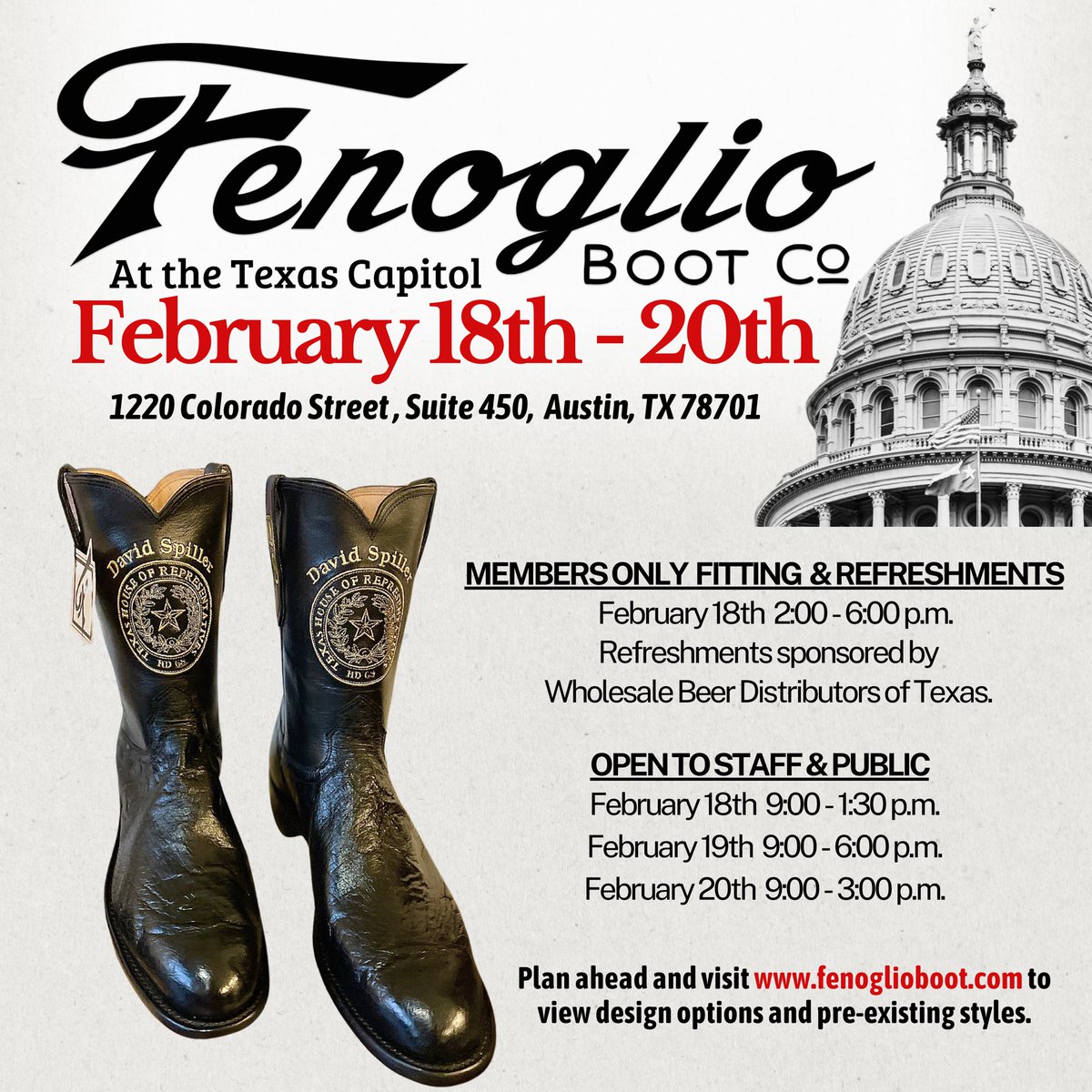 DavidSpillerTX's tweet photo. 🚨BOOT DAY🚨 starts TOMORROW at 9:00 am - 1:30 pm. Swing by to design your custom pair of @fenogliobootco boots! Open to staff and public. See you there! #txlege https://t.co/G2gqt5BaUG