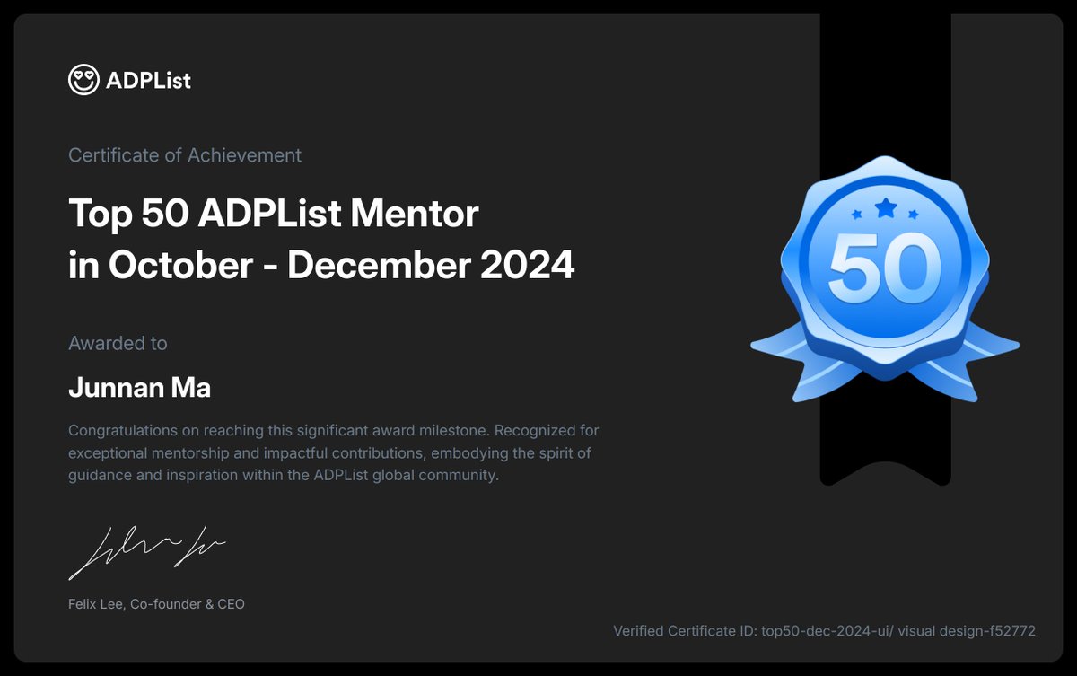 JunnanM's tweet photo. Honoured to be recognized as a Top 50 UI/Visual Design Mentor by ADPList! Huge thanks to everyone who inspires me to push boundaries every day! #Mentorship #UIDesign #ADPList https://t.co/fC9UxoRsn6