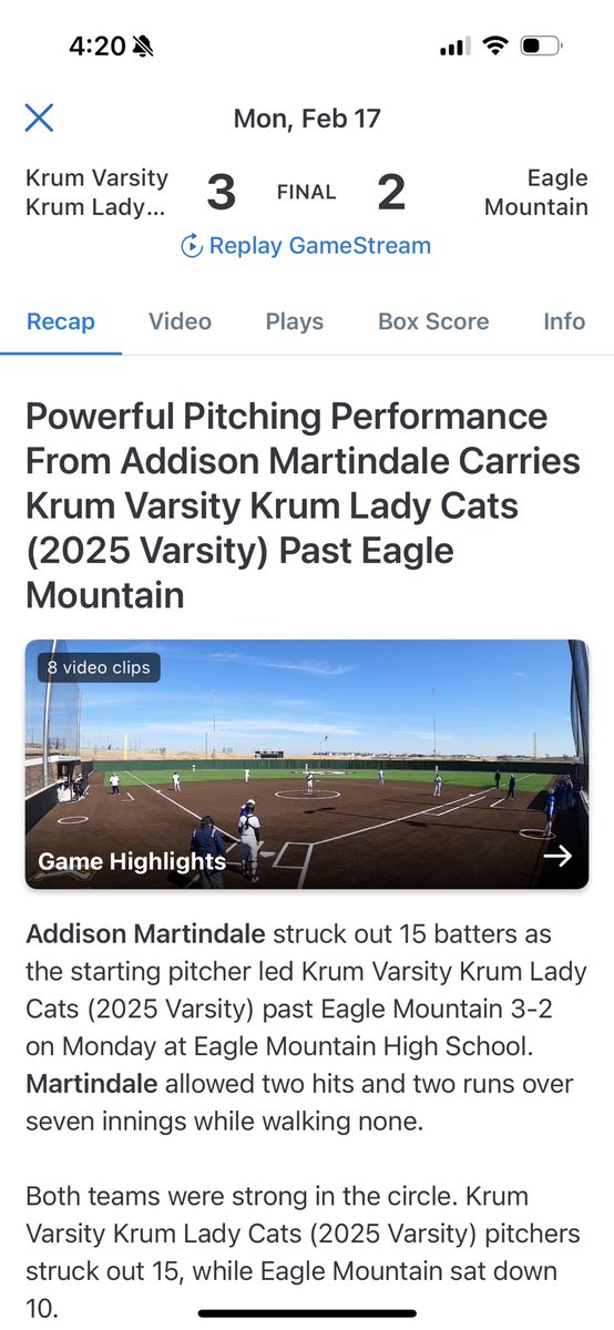 Great Lady Cat win today vs Eagle Mountain!
7IP, 2R, 0BB, 15Ks
<a href="/Gosset41/">Brian Gosset</a> <a href="/sports_drc/">DRC Sports</a> <a href="/Patriot_sb/">Patriot Softball</a>