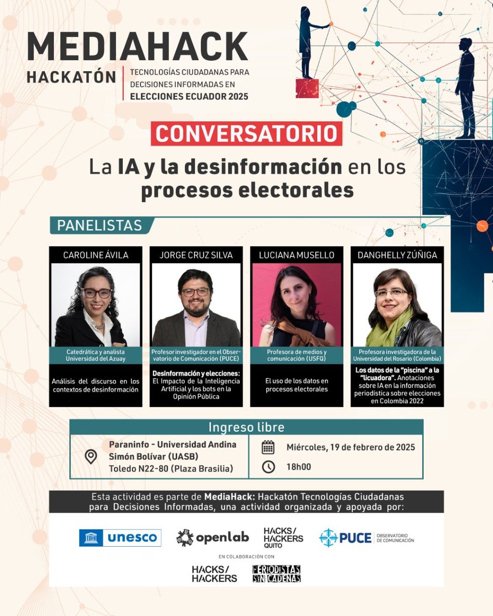 DialoguemosINFO's tweet photo. #MediaHack🤖 ¿Cómo impacta la tecnología y la #InteligenciaArtificial en las elecciones presidenciales?

Conversatorio "La IA y la desinformación en los procesos electorales" 

📅 Miércoles 19 de febrero
⏰ 18:00 Hrs.
📍 Paraninfo Universidad Andina Simón Bolívar - Sede Ecuador https://t.co/rvgvnczfa8