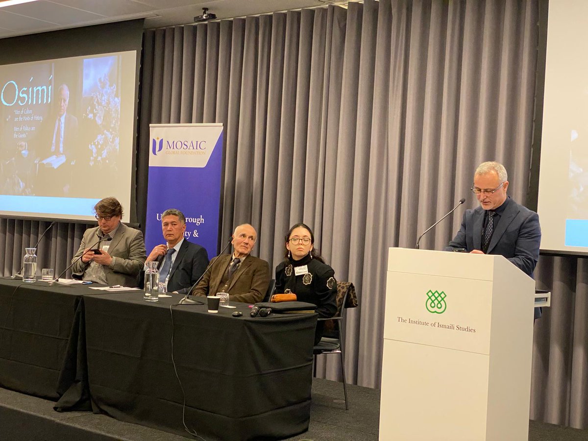 MosaicGFdn's tweet image. Following the screening of the documentary, we had a great panel with an excellent line-up. After introducing the panelists, the chair, @a_camellia_d, asked them to give their views on Osimi and his vision in turn. Dr Jalal Badakhchani started telling the story of their meeting…