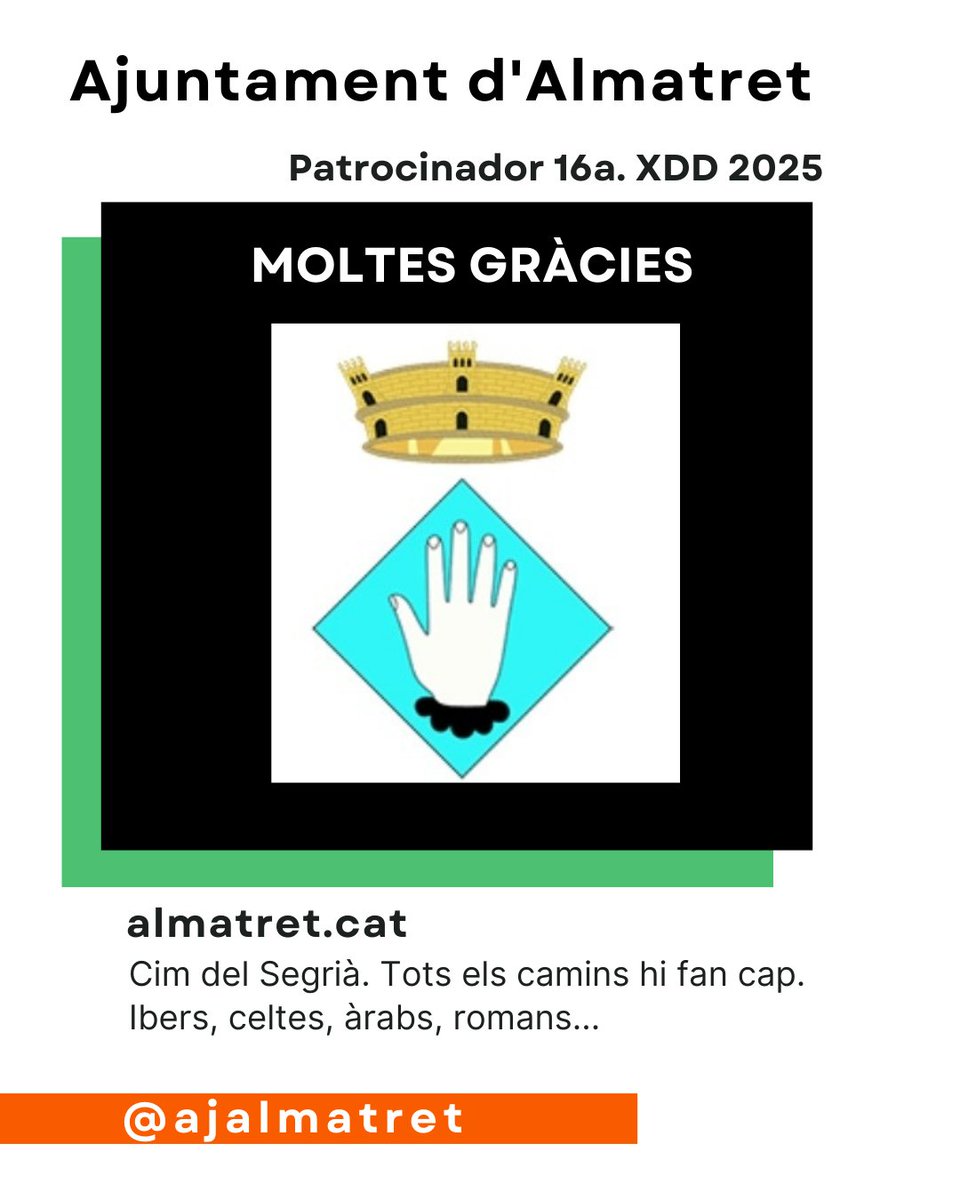 PATROCINADOR #xdd2025 #16xdd 𝗠𝗼𝗹𝘁𝗲𝘀 𝗴𝗿à𝗰𝗶𝗲𝘀
Ajuntament d'Almatret 
almatret.cat
Instagram: @ajalmatret
X: <a href="/Almatret/">Ajuntament d'Almatret</a>
Fb: Ajuntament Almatret
#almatret #cimdelsegrià #segrià #segriàsec #segriàsud #micropobles #poblesvius  #ccealmatret #xallengedavidduaigües