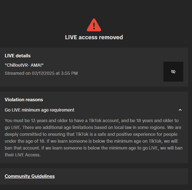 SFoxsky's tweet photo. @tiktok_us I had my LIVE access revoked for being underage even though I'm 23? Your feedback system is down so I cant file an appeal? https://t.co/QSzn9DZmWC
