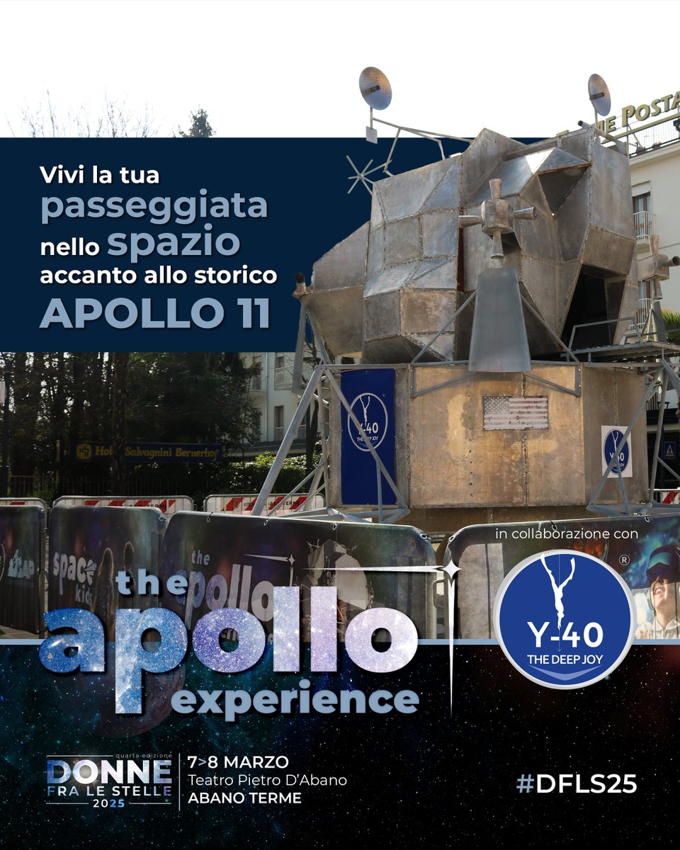 🚀Si rinnova anche per la quarta edizione la collaborazione con <a href="/y40thedeepjoy/">Y-40 The Deep Joy</a> . Ritorna ad Abano Terme "the Apollo Experience", l'installazione che offrirà ai visitatori la possibilità di sentirsi immersi nello spazio potendo camminare accanto allo storico Apollo 11. 

#DFLS25