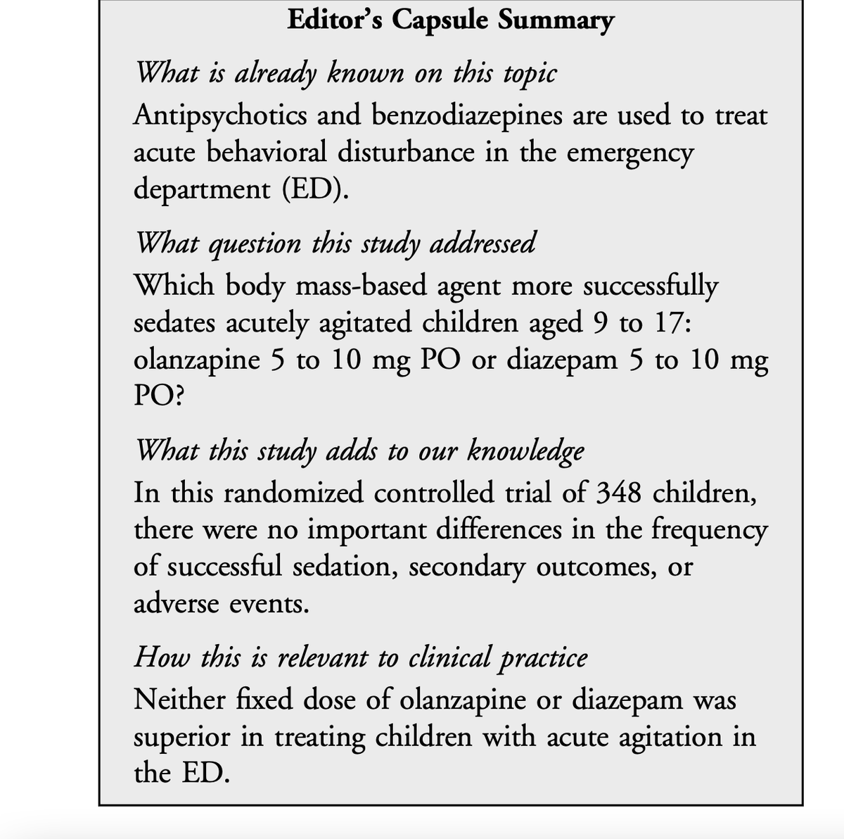 AnnalsofEM's tweet photo. Hot off the Press: PEAChY-O: Pharmacological Emergency Management of Agitation in Children and Young People: A Randomized Controlled Trial of Oral Medication https://t.co/3126SOTior https://t.co/IqeS7sFA52