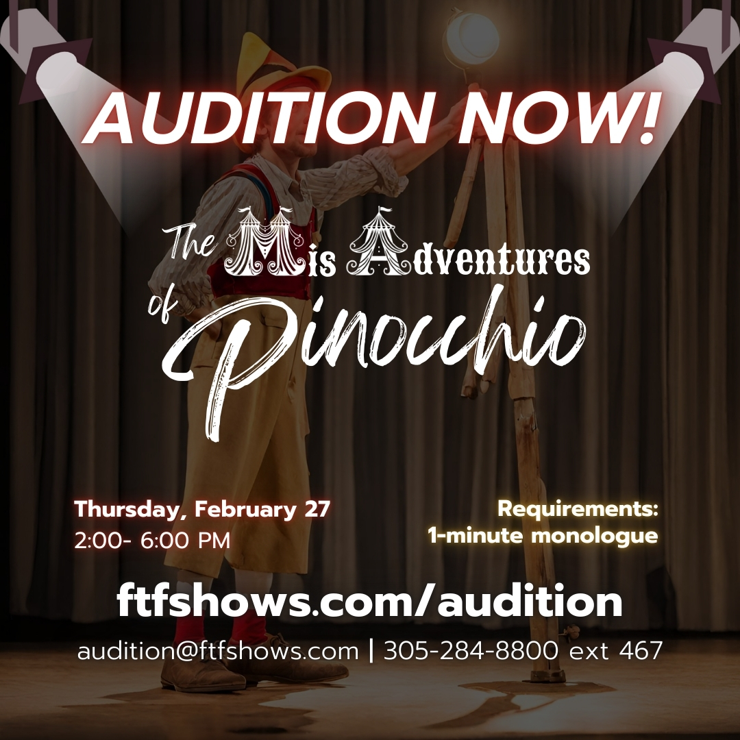 🎭 AUDITIONS 🎭
We are casting high-energy comedic performers for The MIS-Adventures of Pinocchio! 

📅 Feb 27 | 2-6 PM
📩 Submit Headshot &amp; Resume: audition@ftfshows.com
🌐 ftfshows.com/audition

#CastingCall #MiamiActors #TheaterAuditions #PhysicalComedy #CommediaDellArte