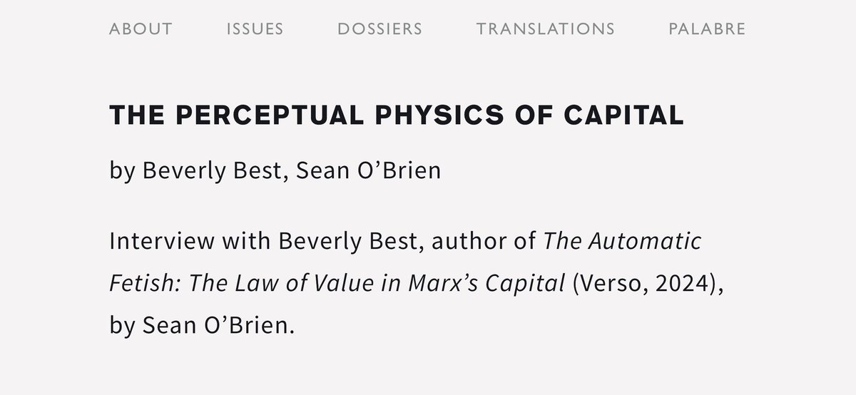 sean_obee's tweet image. I interviewed Bev Best about her book, The Automatic Fetish: The Law of Value in Marx’s Capital (@VersoBooks).
Up now at @endnotesjournal.
endnotes.org.uk/posts/sean-o-b…