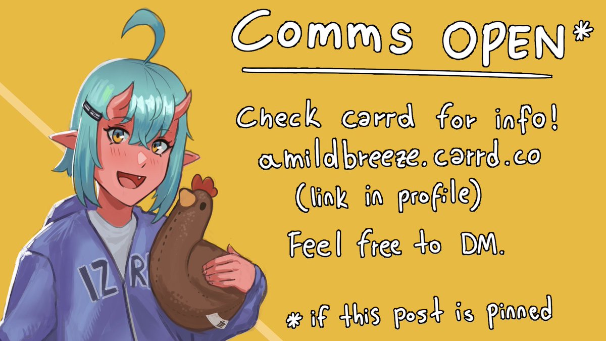 If this post is pinned, comms are OPEN! Info and prices here:
amildbreeze.carrd.co

Please DM if interested or if you have further questions!