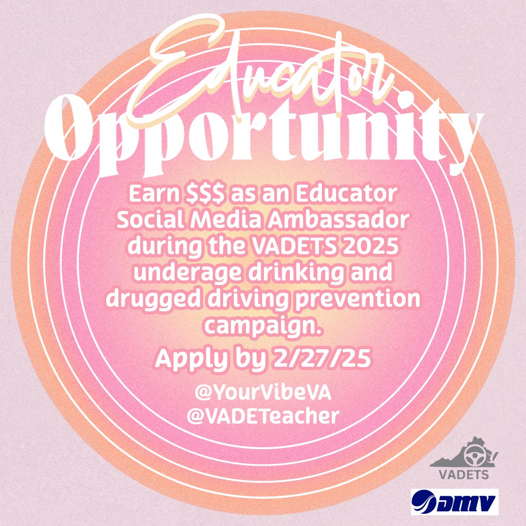 Educator Opportunity
Earn $$$ as an Educator Social Media Ambassador during the VADETS 2025 underage drinking and drugged driving prevention campaign. Apply today!
bit.ly/EAmbassadorSes…