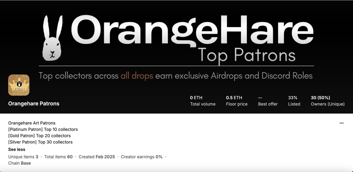 OrangeHare (@orangehare_io) on Twitter photo 🌟 Orangehare Patron Promo: Complete! 🌟
Top collectors, check your wallet for an exclusive NFT (or three)! 🎉💛
🚀 What's next? 
✅ More rewards for Platinum, Gold, & Silver Patrons
Haven't joined yet? 👉 discord.gg/vGH3Z5ZNuJ
Thanks for supporting our artists, always! 🚀🖼️ 🌟 Orangehare Patron Promo: Complete! 🌟
Top collectors, check your wallet for an exclusive NFT (or three)! 🎉💛
🚀 What's next? 
✅ More rewards for Platinum, Gold, & Silver Patrons
Haven't joined yet? 👉 discord.gg/vGH3Z5ZNuJ
Thanks for supporting our artists, always! 🚀🖼️