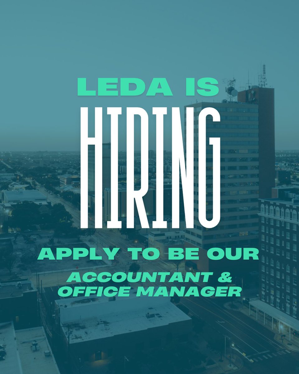 Job Opening: Accountant and Office Manager

The Lubbock Economic Development Alliance (LEDA) is seeking an administrative professional with a knack for both accounting and office management to support our CFO and ensure smooth day-to-day office operations.

This role requires