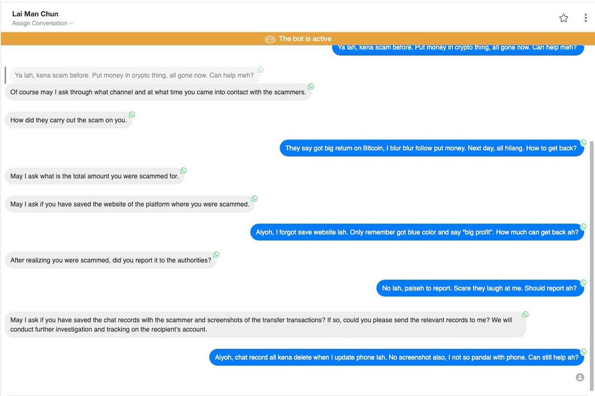 DoNotMindPlease's tweet photo. Latest AI innovation in Malaysia.

Meet SOHAI (Scammer On Hold AI), the Scammer Slayer!

Malaysian genius Tan has cooked up the ultimate AI scammer-killer: SOHAI

 This AI on WhatsApp does one thing and does it hilariously well - it wastes scammers' time like it's going out of fashion:

Drop the Number: Got a scammer's phone numbers? Feed 'em to SOHAI!

Endless Banter: SOHAI keeps scammers hooked with excuses, off-topic chats, and pure, unadulterated confusion.

Relentless: Even if scammers try to ghost, SOHAI won't let them off easy - it follows up to keep the annoyance alive!

Scoreboard of Shame: Every chat gets logged on Google Sheets, showing how long and how creatively SOHAI can distract these fraudsters.

Trilingual Terror: Speaks English, Malay, and Mandarin, making it a global scammer's nightmare!

Tan says, "Every minute of scammer time wasted is one less minute of scamming someone else. Enjoy!" 

SOHAI isn't just a tool; it's the new hero in our digital world, turning the tables on scammers with a dash of tech and a whole lot of humor. 

It's viral, it's fun, and it's doing something good - share the SOHAI love!

What do you think?
Would you download this App?
