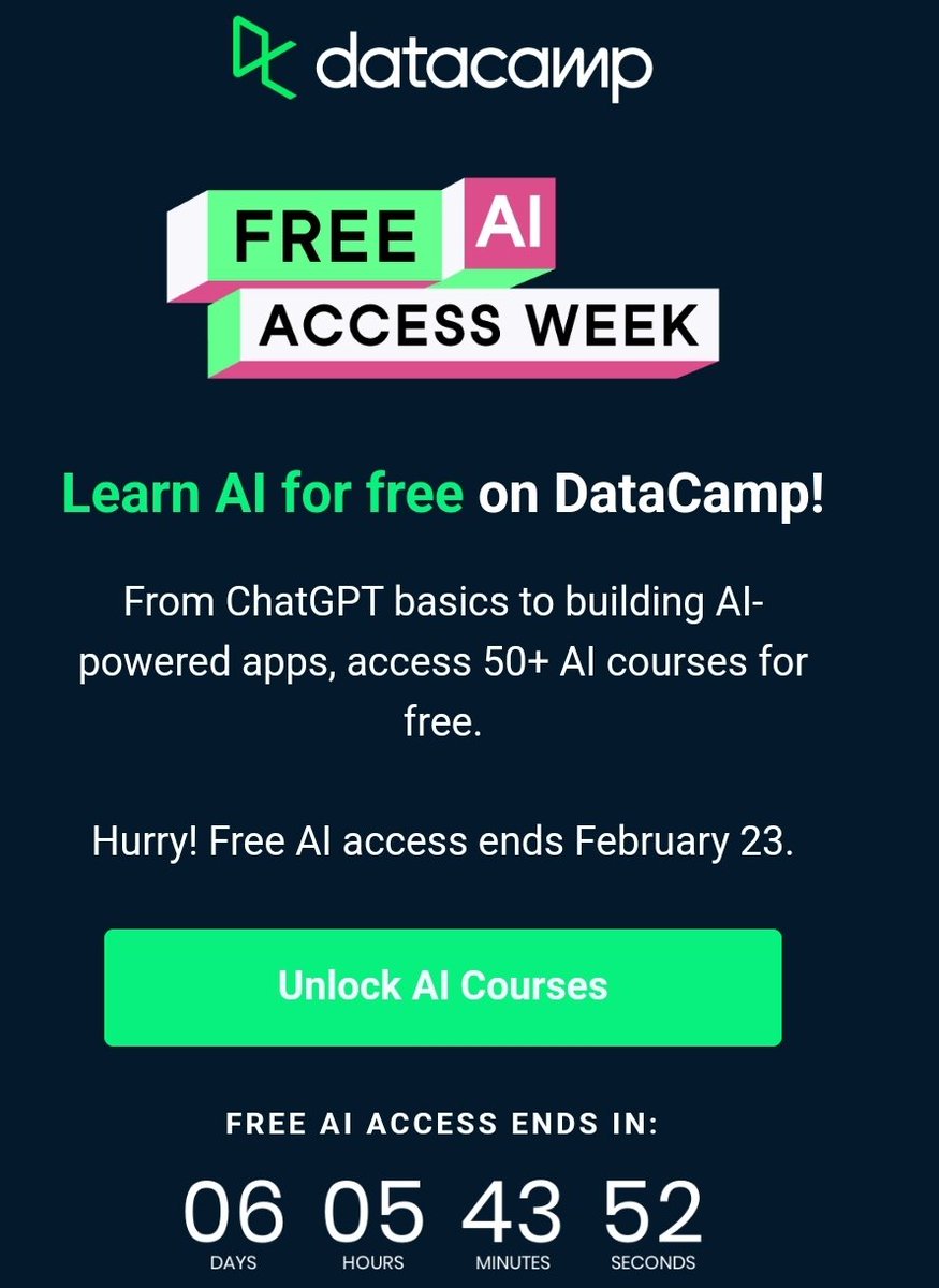 teneikaask_you's tweet photo. Datacamp is doing a FREE AI Week. You'll get access to courses and projects, build your portfolio and expand your skills!
https://t.co/R4JiX9L2tz https://t.co/Mdx3Ci5UWa