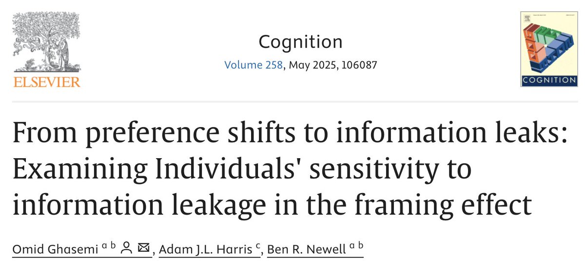 Omid_Ghasemi21's tweet image. 🚀 New paper in Cognition!

Across six preregistered experiments, Ben Newell, Adam Harris &amp;amp; I show that people are sensitive to information leakage in the framing effect, providing evidence for a rational account of decision-making.

📖 Read it here: authors.elsevier.com/sd/article/S00…