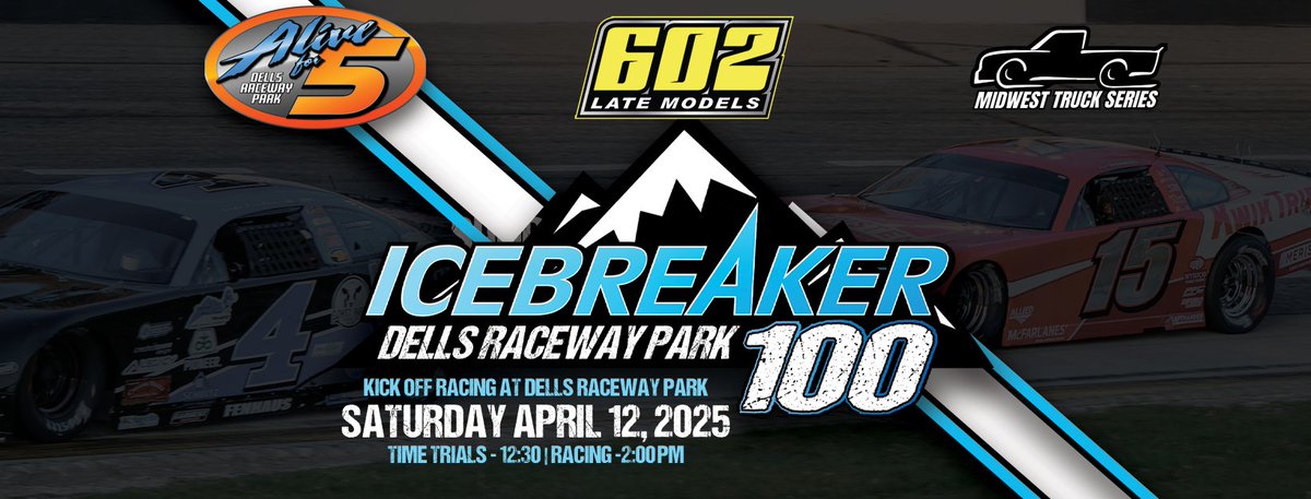 The Alive for 5 Series Icebreaker 100 Presented by Wegner Automotive Saturday Afternoon event on April 12th. Qualifying 12:30, Racing Begins 2pm with an impressive field of Super Late Models, NASCAR Regional 602 Late Models and Midwest Truck Series.