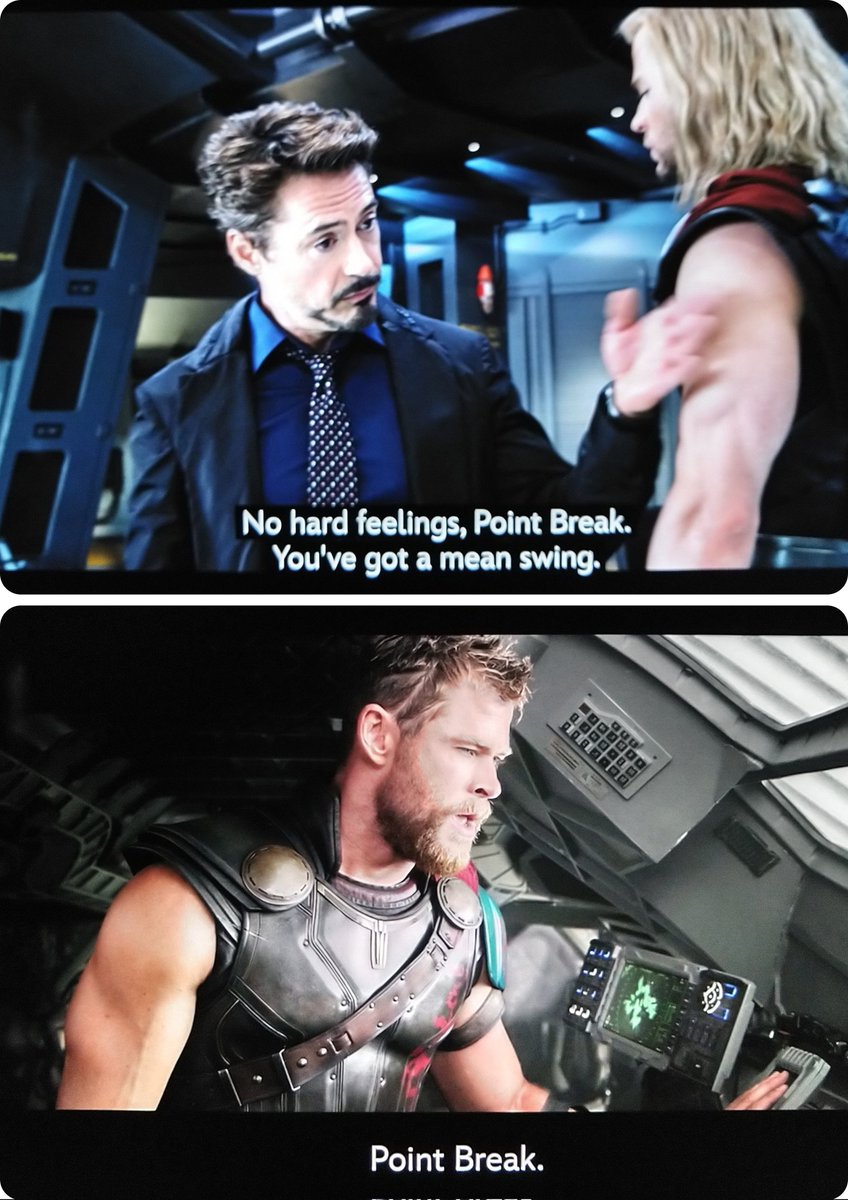 アベンジャーズ1でトニーがソーの事をポイントブレイク(邦題がハートブルーの為字幕はサーファー君)と呼んでいる。まさかのマイティソー3でこのイジりが再び出てきた為、アベンジャーズエンドゲーム等から訳を変えずに『リボウスキ』など映画ネタイジりはそのままに  ...