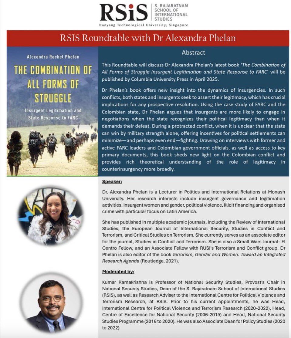 Alexandra Phelan (@alex_phelan) on Twitter photo Happening tomorrow! Join me at <a href="/RSIS_NTU/">RSIS</a> to talk about my new book, The Combination of All Forms of Struggle, moderated by Prof. Kumar Ramakrishna👇🏼 <a href="/MonashPolsIR/">Monash Politics & IR</a> <a href="/GpsMonash/">Monash GPS</a> Happening tomorrow! Join me at <a href="/RSIS_NTU/">RSIS</a> to talk about my new book, The Combination of All Forms of Struggle, moderated by Prof. Kumar Ramakrishna👇🏼 <a href="/MonashPolsIR/">Monash Politics & IR</a> <a href="/GpsMonash/">Monash GPS</a>