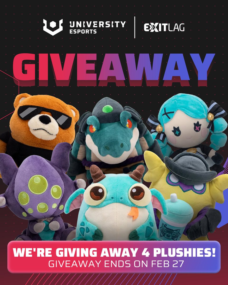 UniEsportsNA's tweet image. As the season continues to ramp up, we&apos;re ready for the first of many giveaways with @EXITLAG! 

Here&apos;s your chance to win 1 of 4 plushies from the Riot Merch Store!

🔥 Follow @EXITLAG &amp;amp; @UniEsportsNa
🔥 RT &amp;amp; Like this post
🔥 Must be in the US
🔥 Extra entry: tag your squad…