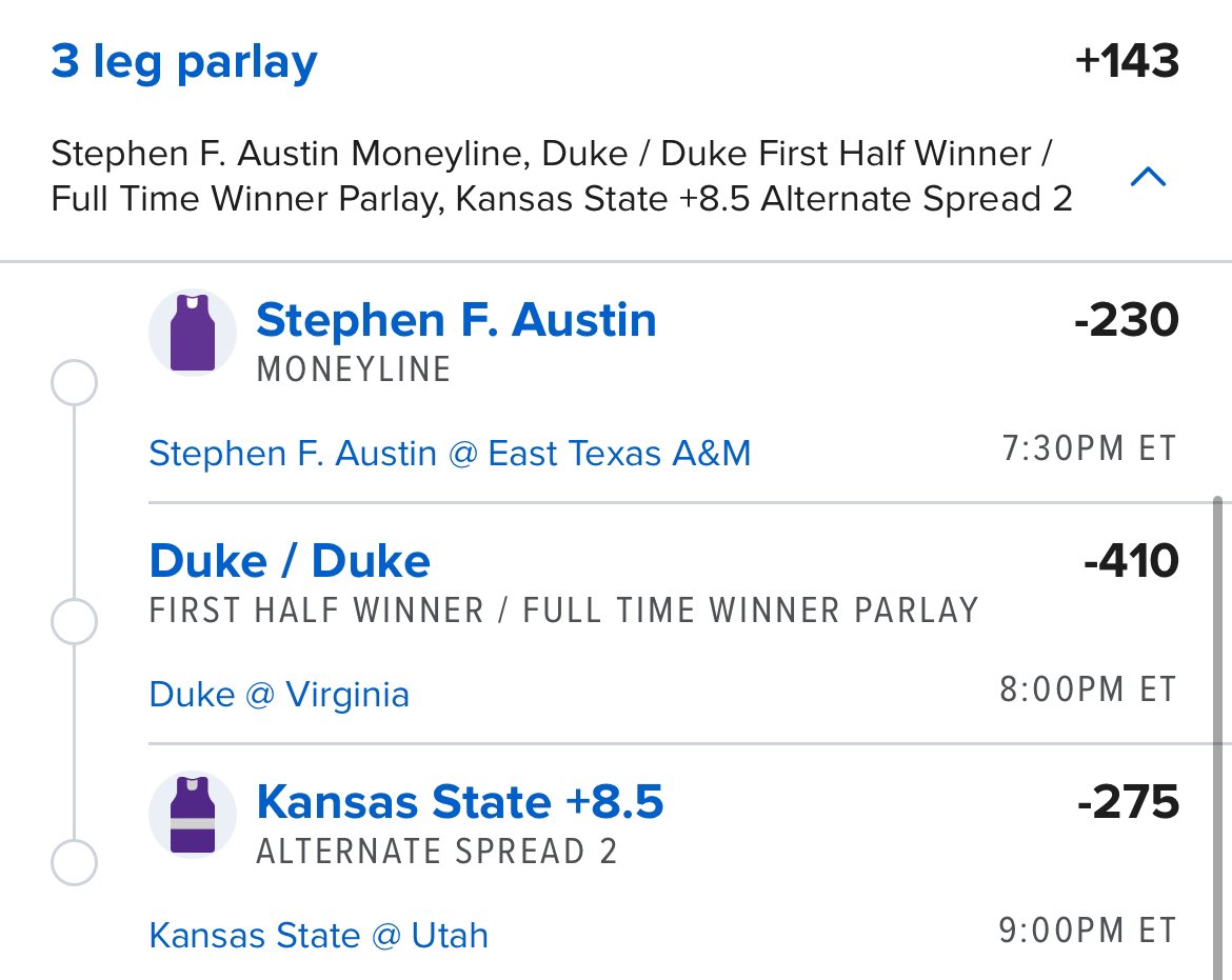 🏀FULL CBB CARD🏀

🔮I got the script for tonight boys

Northwestern St -1.5(2.05U)🔨

KSU +3(2.10U)🔨

3 Way Parlay +150(2.0U)😈

Duke 1st half winner/ Full game winner -410🔒
Stephen F. Austin ML -230🔒
Kansas State +8.5 -275🔒

Follow for more free locks🤘

#sportsbetting