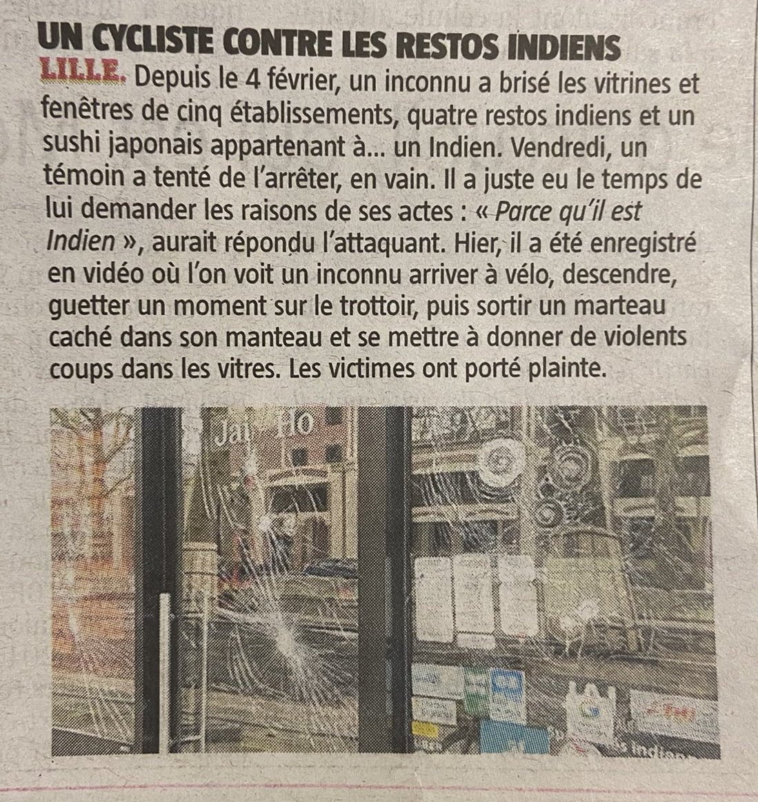 C'est très grave ce qu'il se passe et personne n'agit. Un cycliste a brisé les vitres de 4 restaurants indiens et un restaurant de sushi appartement à un indien parce que les propriétaires étaient indiens. La haine anti indienne des réseaux sociaux se traduit dans nos rues.
