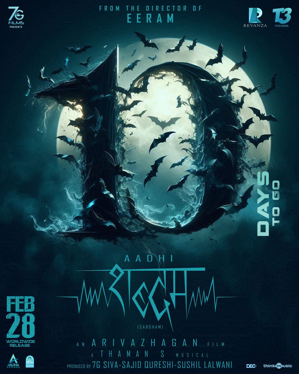 The Countdown begins 10 days to silence the fear! 🔊
#Sabdham hits theatres near you from February 28th!

Get ready for a #SoundThriller ❤️‍🔥

From The makers of #Eeram &amp; #Vaishali

#SabdhamFromFeb28

Starring <a href="/AadhiOfficial/">Aadhi🎭</a> 
An <a href="/dirarivazhagan/">Arivazhagan</a> film
A <a href="/MusicThaman/">thaman S</a> Musical