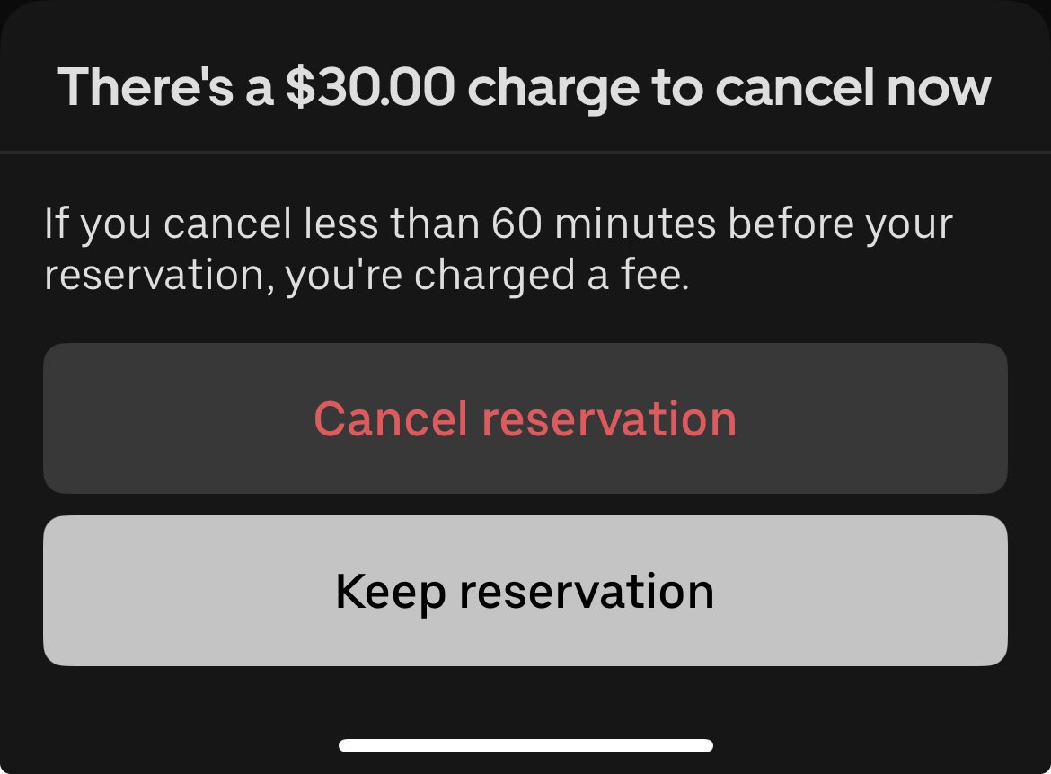 Paying $30 to cancel a scheduled ride that isn’t even happening for 20 minutes is fucking ridiculous <a href="/Uber/">Uber</a> 

The ride itself is not even $30. This is the definition of robbing people