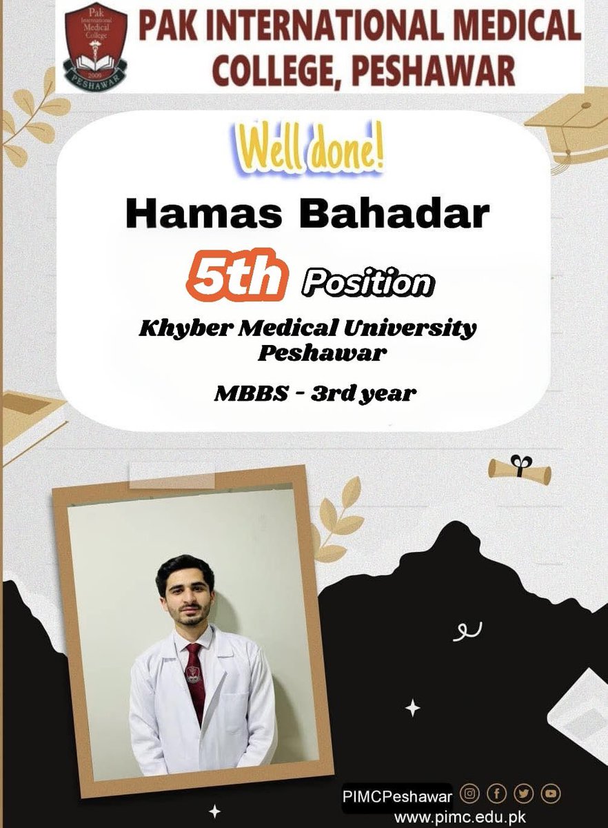 PIMCPeshawar's tweet photo. Pak International Medical College (PIMC) proudly congratulates its brilliant student, Hamas Bahadar, for securing the fifth position in the Khyber Medical University’s Third Professional Annual Examination. https://t.co/i10WqwyNpm