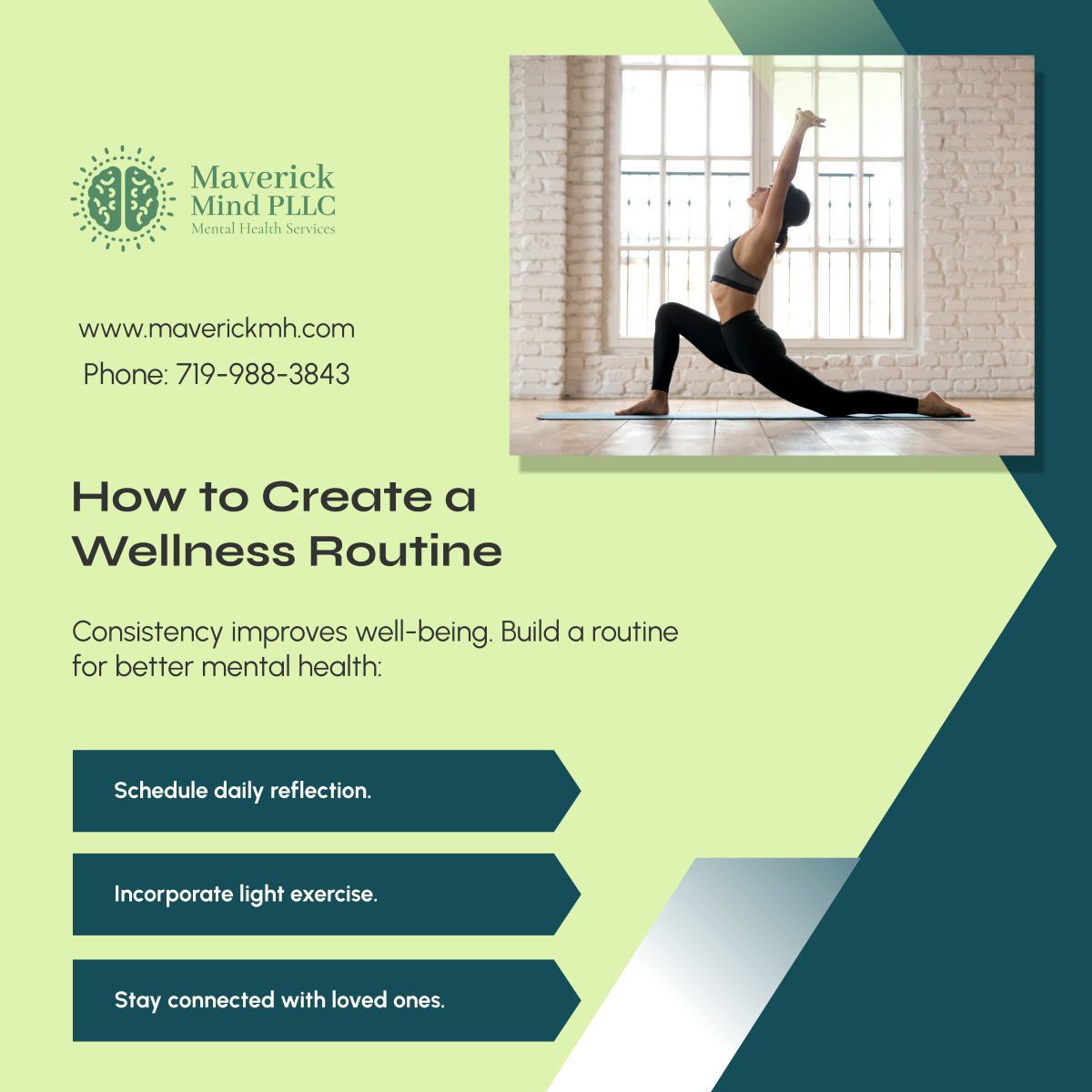 MaverickMPLLC's tweet photo. Creating a wellness routine is vital for mental health. Start small and build consistency. Visit https://t.co/FmrUxSWVAd for guidance. 

#MentalHealthTreatment #PuebloCO #WellnessTips https://t.co/DMm3hxdKAb