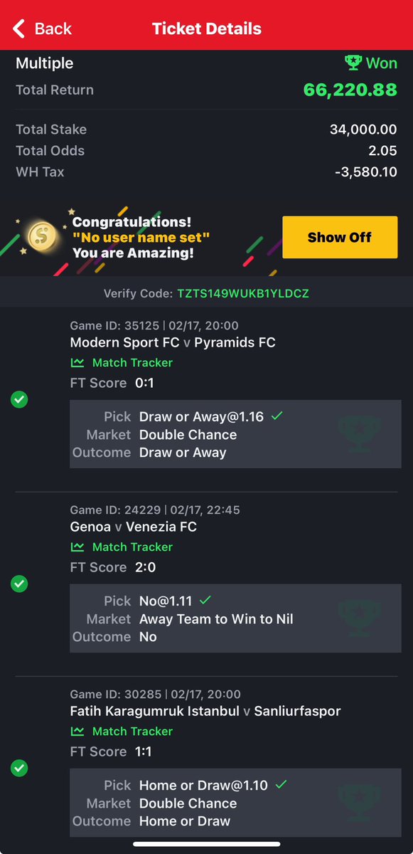 Ripoti ya jana 🔥🔥✅✅

Lunch basketball = 730K ✅

Greece Basketball= 870K ✅

Bet Builder Barcelona= 820K ✅

Odds 2+ sportybet hizi huppstiwa kila siku pale insta story  tangu weekend tunashinda siku 3 back to back na jana pia ✅

Rollover day 1 ( odds : 1.5 )  mtaji wa 30K