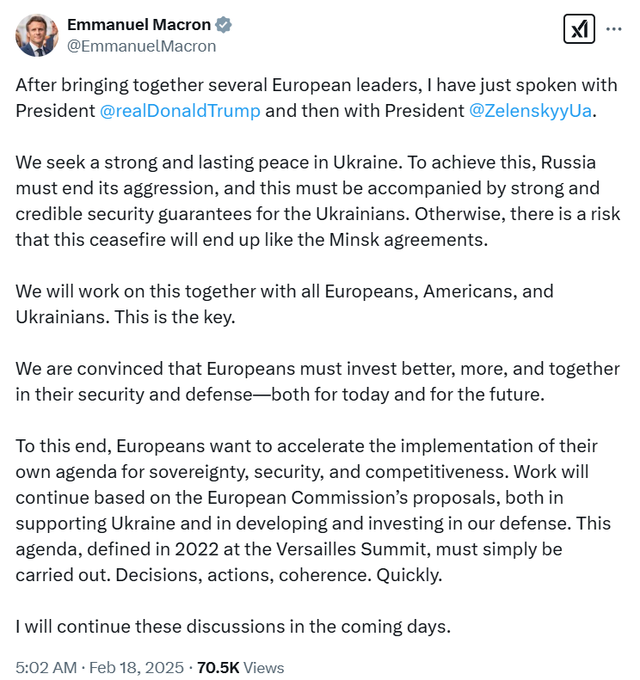 geofrontlinetv's tweet photo. French President Emmanuel Macron tweets, "After bringing together several European leaders, I have just spoken with President Donald Trump and then with President Volodymyr Zelenskyy. We seek a strong and lasting peace in Ukraine. To achieve this, Russia must end its aggression, and this must be accompanied by strong and credible security guarantees for the Ukrainians. Otherwise, there is a risk that this ceasefire will end up like the Minsk agreements. We will work on this together with all Europeans, Americans, and Ukrainians..."