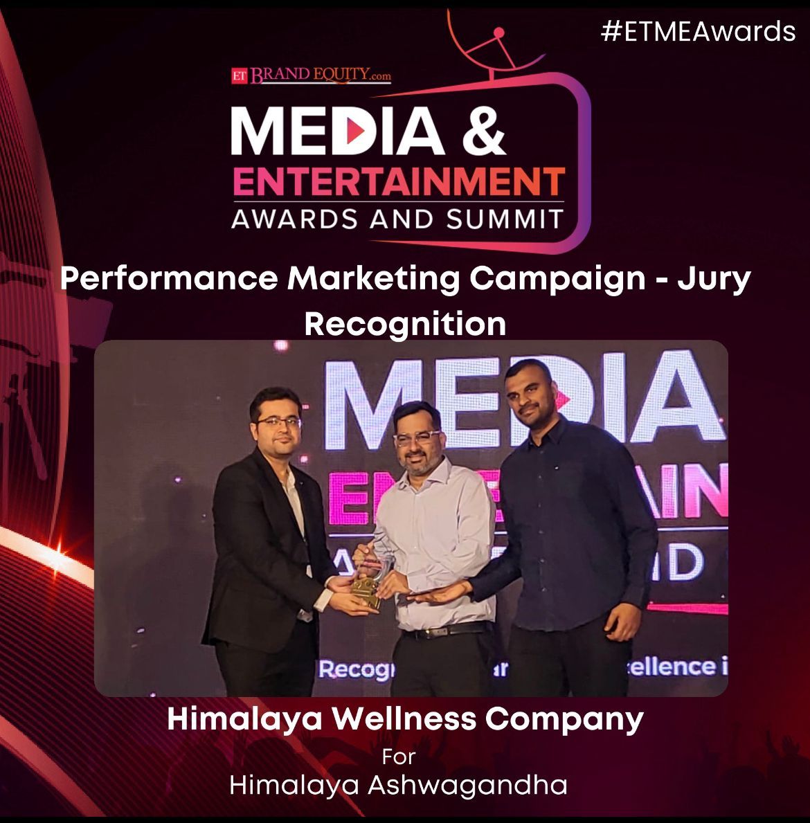 ✨We’re excited to announce that our “Himalaya Ashwagandha De-stress Naturally!” campaign has received a Jury Recognition Award under the “Performance Marketing” category at the ET Brand Equity Media &amp; Entertainment Awards and Summit. 🏆This award is a testament to our marketing