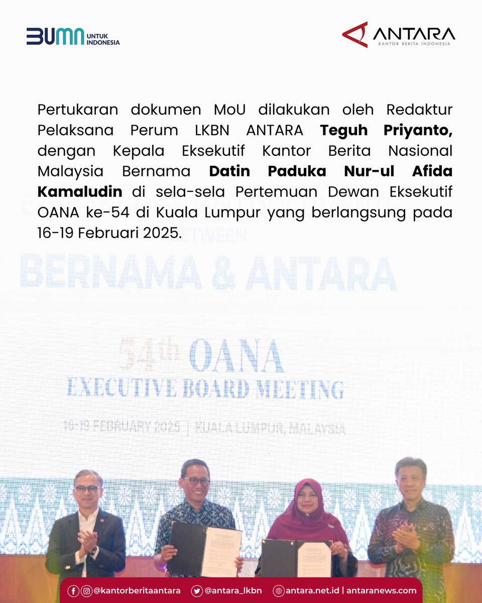 Senin (17/2) Kantor Berita ANTARA bersama Kantor Berita Nasional Malaysia BERNAMA menjalin kerja sama yang sudah ada dengan melakukan pembaruan nota kesepahaman (MoU) 

cc: <a href="/bernamadotcom/">BERNAMA</a> 

(selanjutnya)

#ANTARAMenyentuhNusantara #KantorBeritaANTARA
#BUMNuntukIndonesia