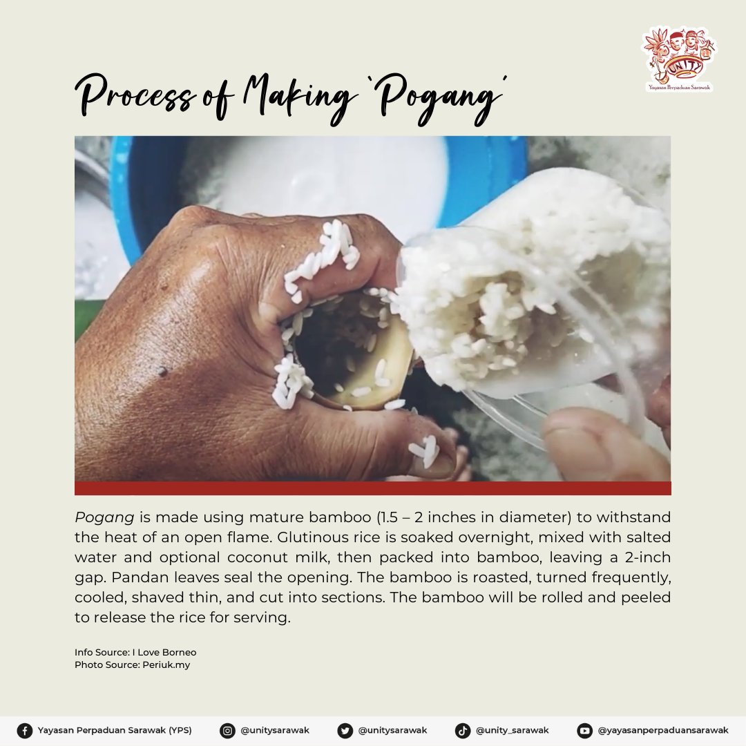 unitysarawak's tweet photo. Did you know that Pogang, the Bidayuh version of lemang, has a special twist? Unlike lemang, Pogang is cooked entirely in bamboo without banana leaves as wrapping. (1/2)

#yps #unity #perpaduan #bidayuh #sarawak https://t.co/uH0wutGFUV
