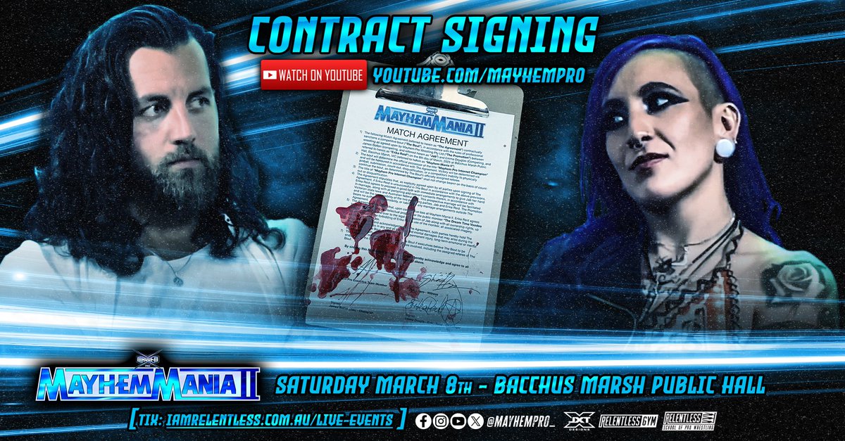 MayhemPro_'s tweet photo. NOW ON YOUTUBE

The contract signing between @this_is_jab &amp; @DreamtimeReid for MayhemMania II

Saturday March 8
Live at the Bacchus Marsh Public Hall

Doors 6PM - Bell Time 7pm
Full Bar &amp; BBQ

Tickets on sale NOW
🎟️: https://t.co/eBjCiyWcNN

WATCH: https://t.co/mbDveKTisV https://t.co/j2TcnjQ5Ka