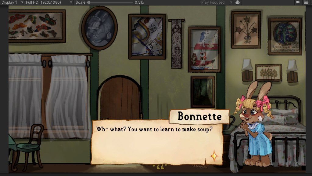PerfectSoupGame's tweet photo. Long time no update! (1/2) I’ve made a whole bunch of art and assets that my team has implemented in. Some cutscene stuff, new dialogue portraits, Bonnette’s room, and so many trees!! 🌲  #PerfectSoupGame #IndieDev #Gameart #GameAssets #StudentGame https://t.co/LPOjJEnxDj