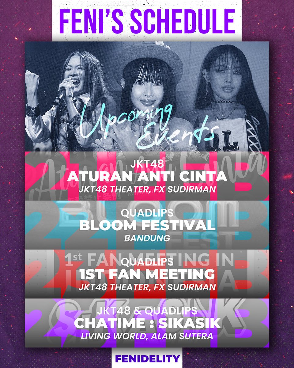 Fenidelity_INA's tweet image. [Feni’s Schedule]
Upcoming events on Febuari ー ketemu dimana nih fndl ? 👀🥰

#FeniOnStage @F_FeniJKT48